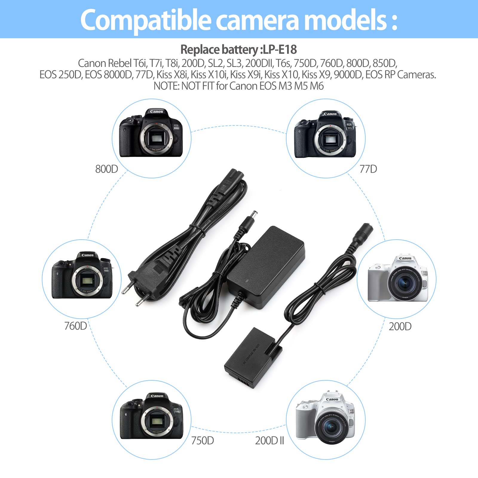 ENEGON LP-E17 Kit Adaptateur de coupleur de Batterie factice ACK-E18 DC Compatible avec Canon Rebel SL2, T6i, T6s, T7i, EOS M3, M5, M6, EOS 200D, 250D, 77D, 750D, 760D, 800D, 8000D, Kiss X8i