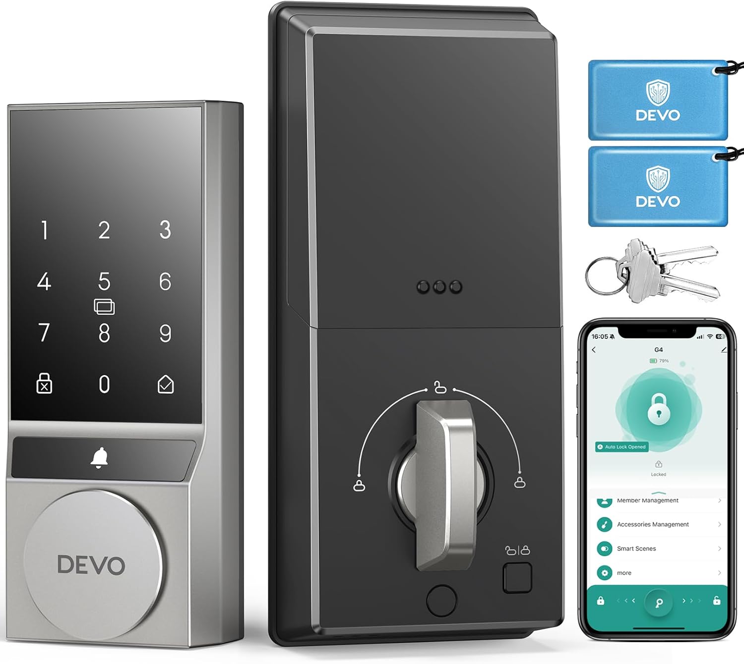 Devo G4 Smart Door Lock, Keyless Entry Door Lock with Doorbell,Smart Deadbolt Lock for Front Door, App Control, Auto-Lock,Easy Installation, IP54 Waterproof, BHMA Grade 3