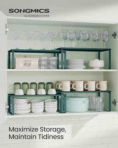 Vista 110 de SONGMICS Estante organizador de gabinete, juego de 2 estantes de encimera de cocina, almacenamiento de cocina, estante de especias, apilable, Blanco