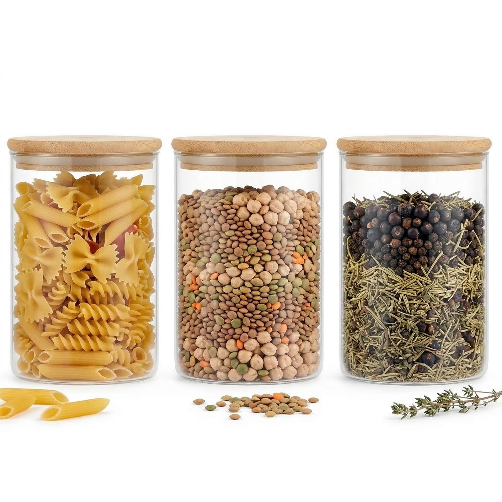 CROWNSHOP Set of 3 Large Glass Storage Jars with Lids Airtight Spaghetti Pasta Storage Container Kitchen Containers Clear Food Storage containers for Spaghetti Pasta Oats Cereal Rice (0.95L 3PCS)