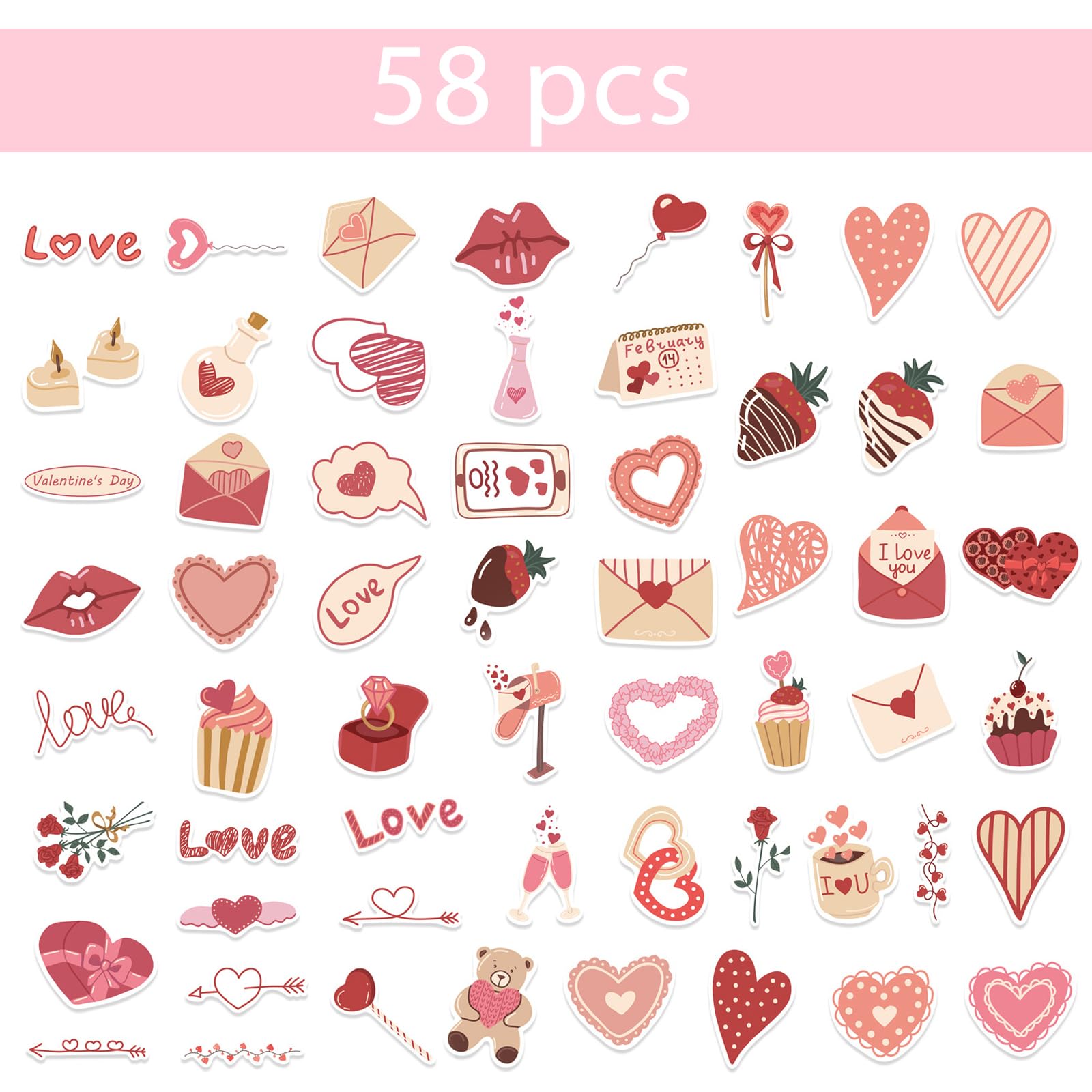 58 Stickers Saint-Valentin Cœurs Rouges - Autocollants Vinyle Imperméables - Pour Scrapbooking Et Déco