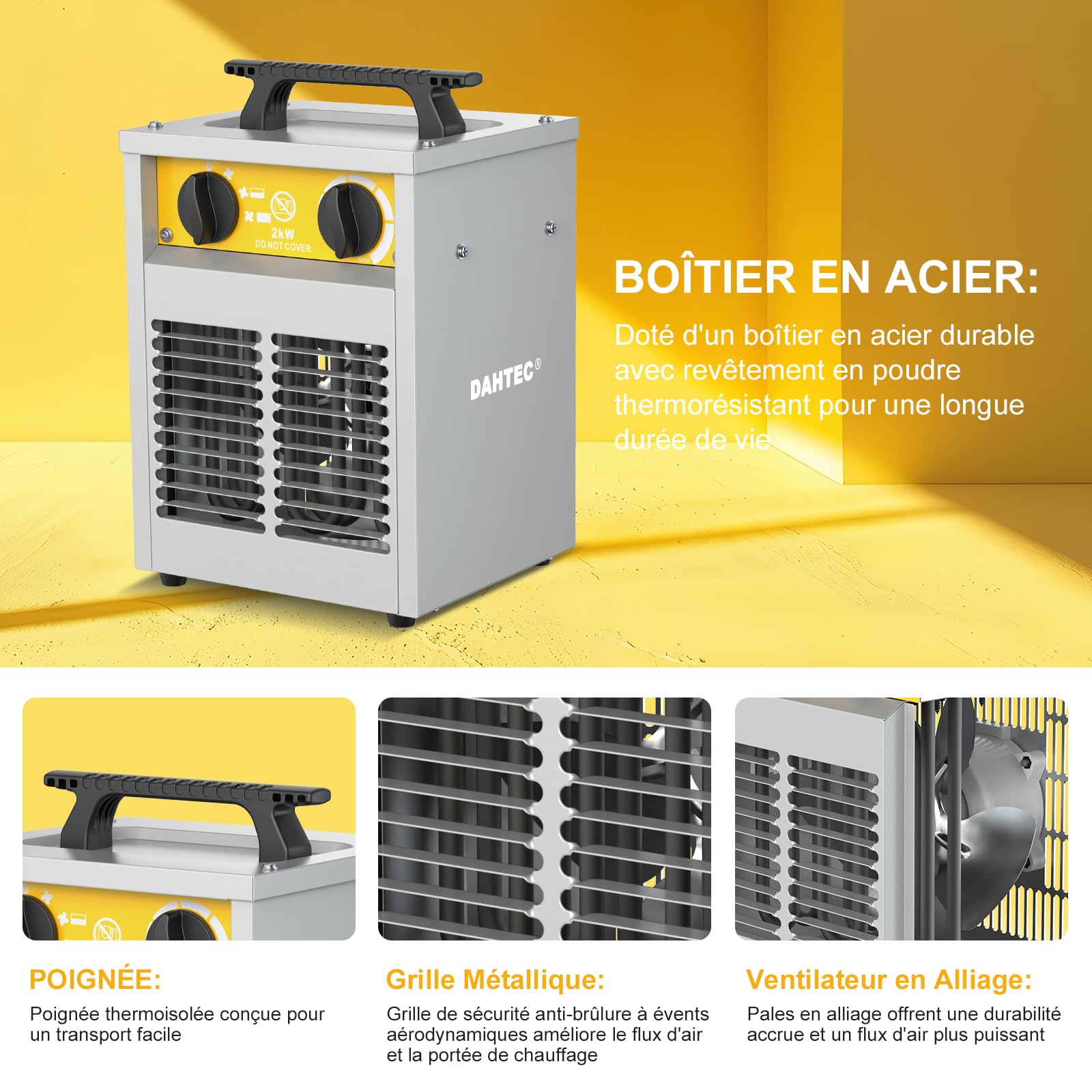 Industriel Chauffage électrique 2000W Renforcé - Carcasse Acier - Portatifs pour Chantiers - Chauffage Soufflant - Thermostat & Protection Surchauffe - Idéal Chantier/Garage/Serre Agricole
