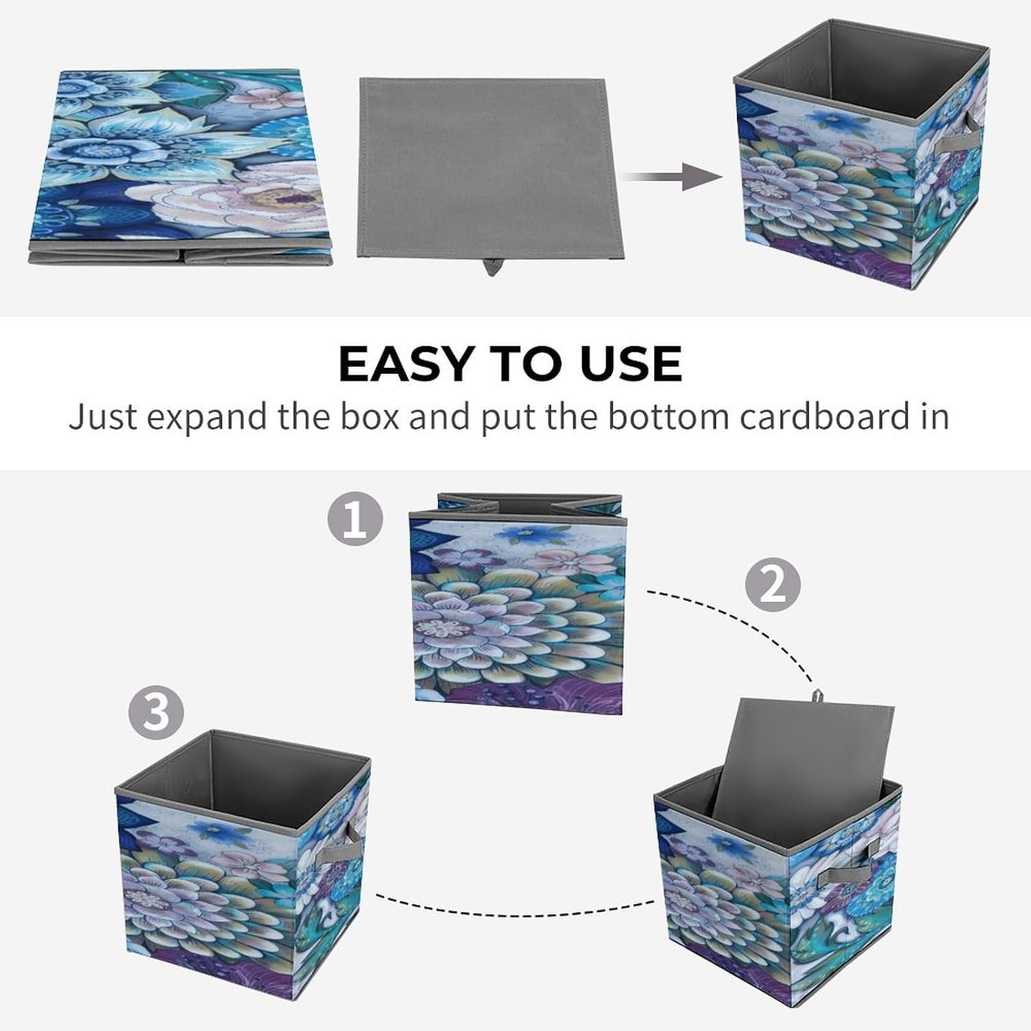 Blue-Purple Layered Flowers Fabric Bins Storage Basket Square Baskets | Storage Bin with Double Handles,Cube Collapsible Organizers for Organization,Closet,Shelves,Offices