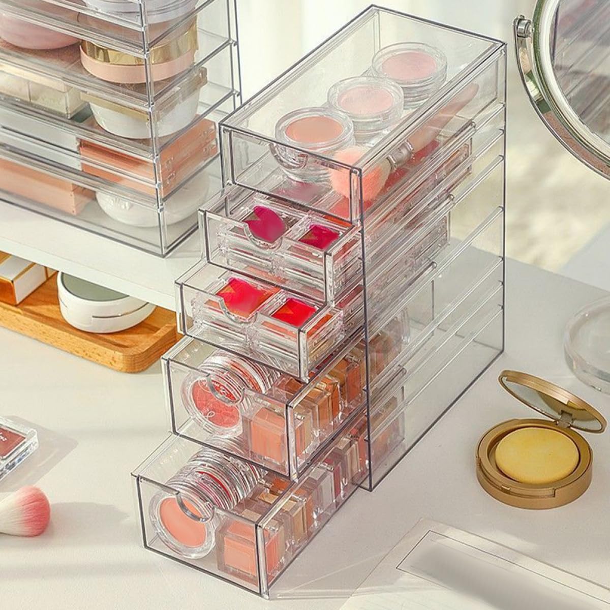 Transparent Desktop Storage Drawers Box Plastic Organizer for Makeup Jewelry Glasses and Stationery Compact Stackable Desk Storage Bin for Office School Home Use