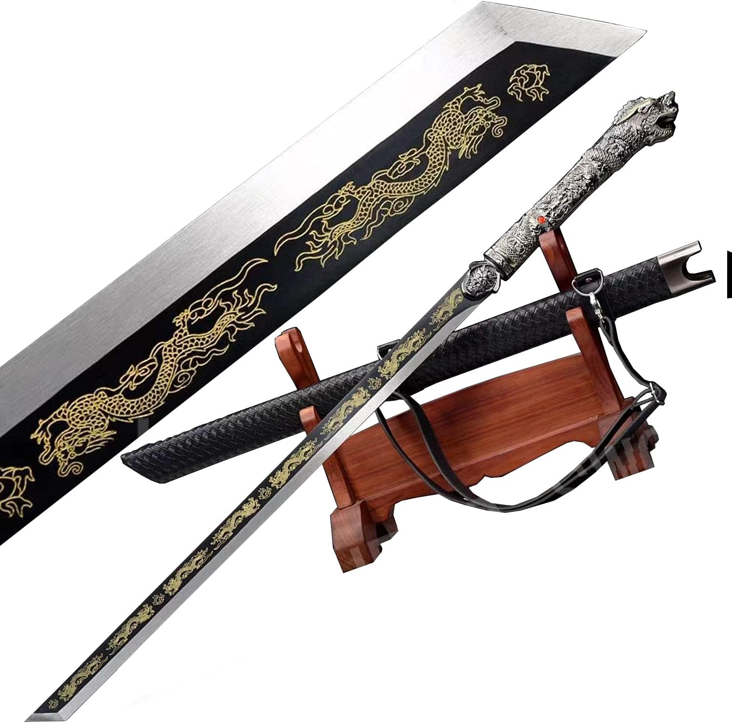 Dragon Head Chinese Kungfu Broadsword Sword Katana Wushu Da Dao Sharp High Manganese Steel Black Blade Full Tang Knife