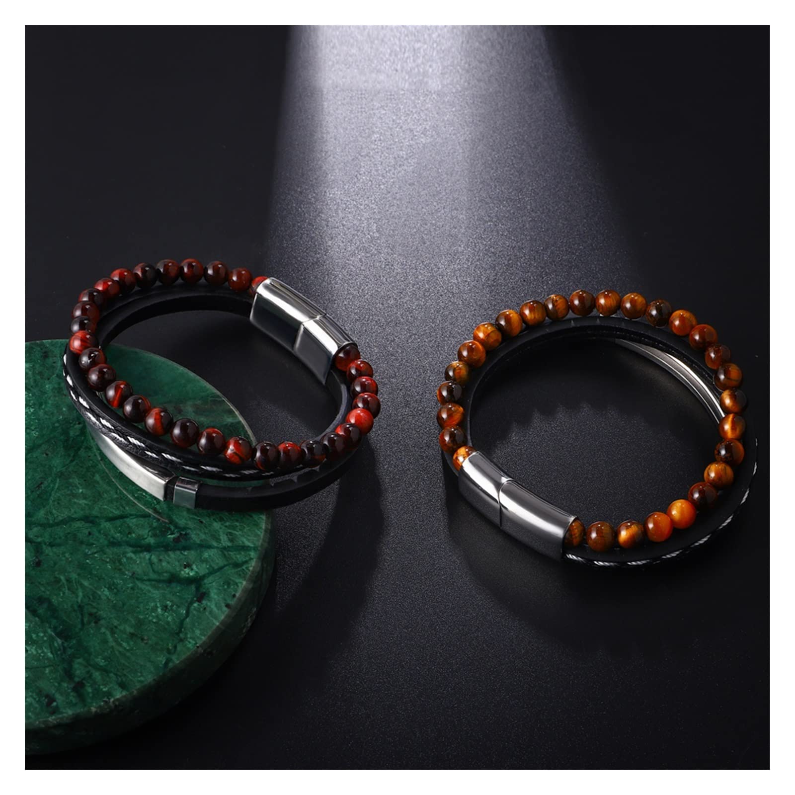 HLTYGWX Pulsera de Cuero grabada para Hombre, Cuentas de Piedra de Ojo de Tigre Amarillo, Regalos de joyería para Novio y Novia