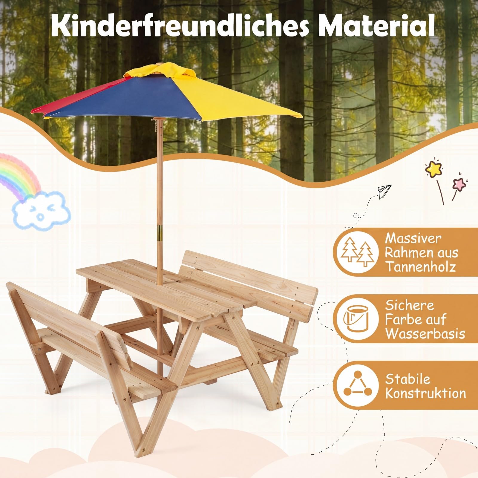 COSTWAY Kindersitzgruppe Outdoor mit Sonnenschirm, Picknicktisch Kinder mit Tisch & 2 Sitzbänken, Kindersitzgarnitur Garten für 4 Kinder, Sitzgruppe aus Tannenholz für Jungen & Mädchen ab 3 Jahren