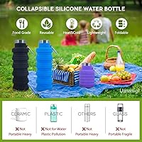 Vista 4 de Collapsible Water Bottles，2 pack BPA Free Travel Silicone Water Bottle with Carabiner，17oz Reusable Foldable Lightweight Portable Sports Water