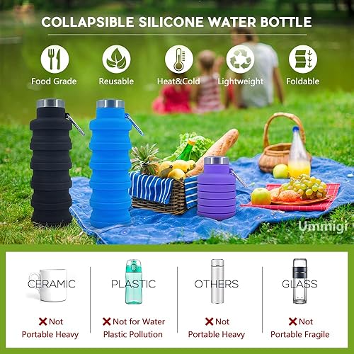 Miniatura 4 de Botellas de agua plegables, paquete de 2 botellas de agua de silicona de viaje sin BPA con mosquetón, 17 onzas, reutilizable, plegable, ligera,