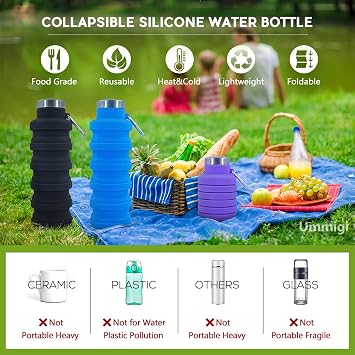 Collapsible Water Bottles 3 pack17oz (Black+Purple+Blue