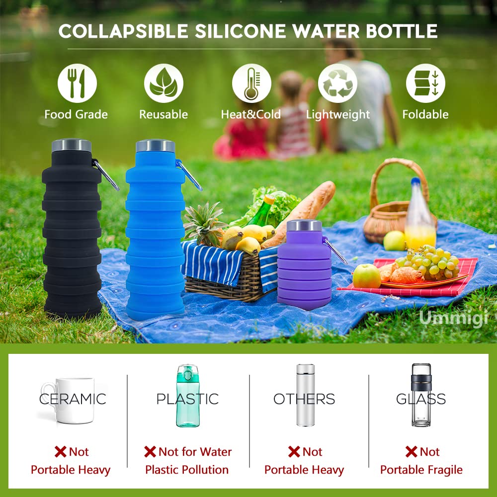 Collapsible Silicone Water Bottle 17oz With Carabiner - Foldable, Leak-Proof, For Travel, Gym, Hiking (Black + Green)