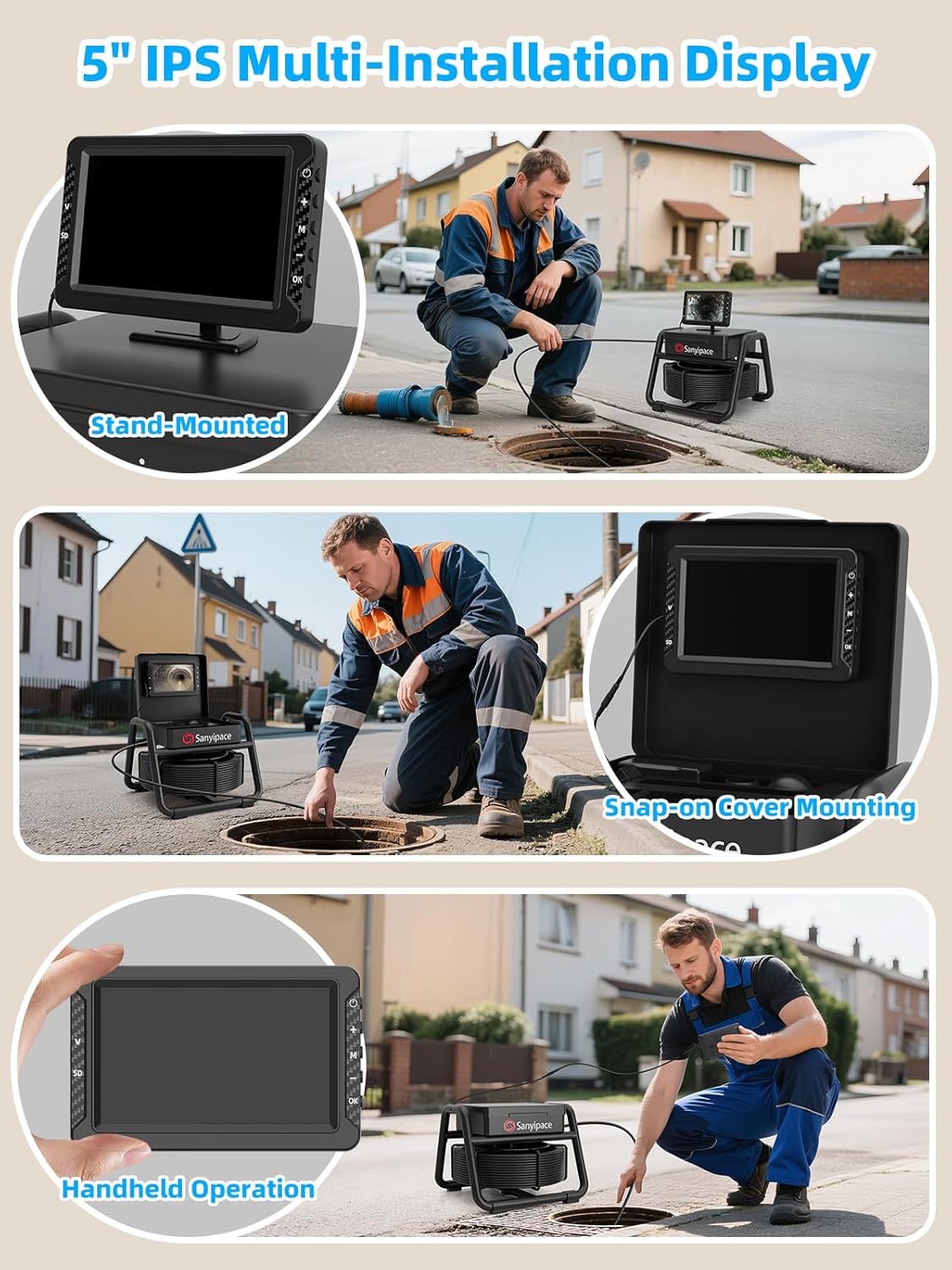 Sanyipace Sewer Camera 100FT,5" HD Screen,18mm Pipeline Inspection Camera with 8 LEDs Light,32GB DVR Function, 1080P IP68 Waterproof Camer for Drain Pipe Plumbing Sewer Line Inspection.