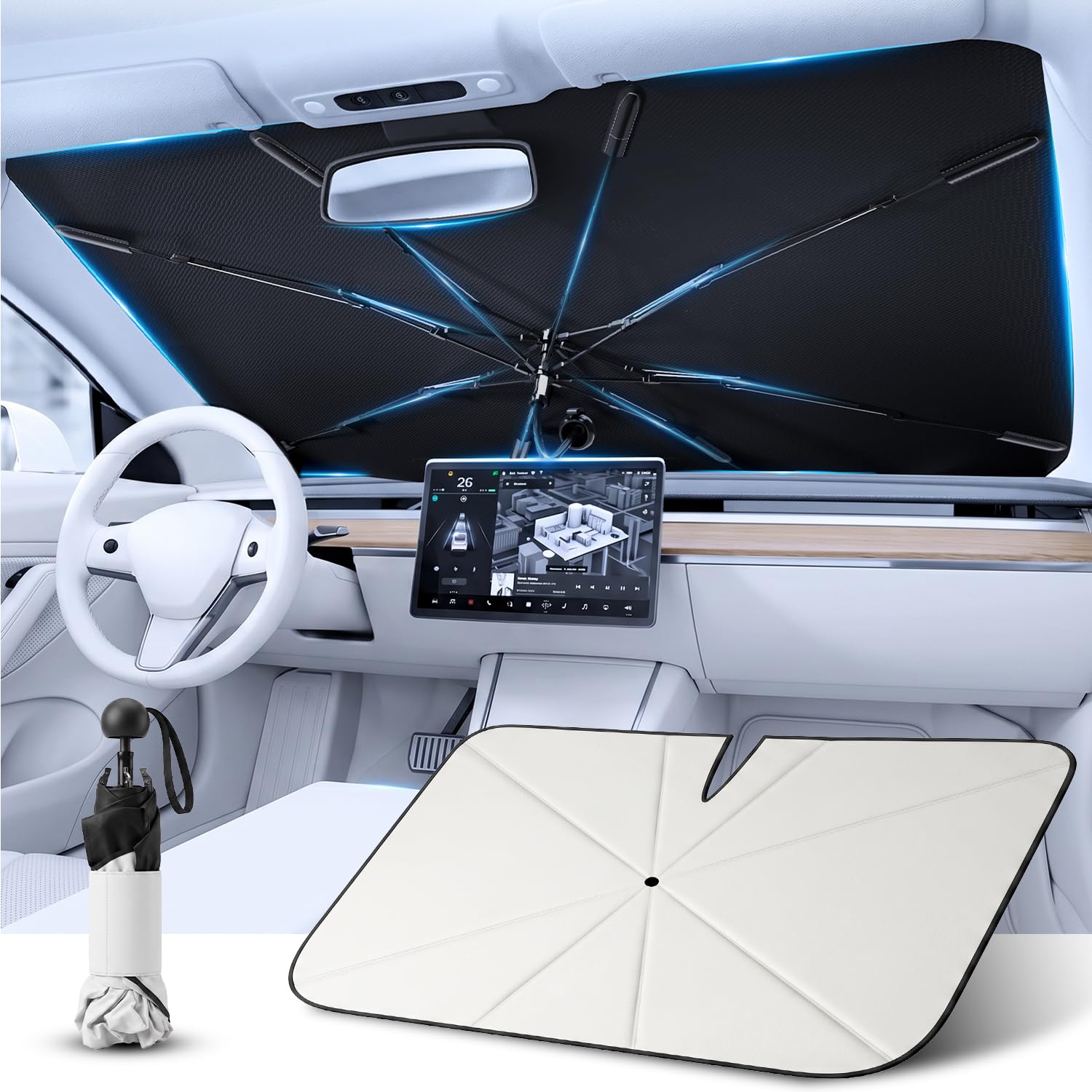 PEMOTech Parasole pieghevole per auto, con 5 strati Nano, parasole per parabrezza dell'auto, girevole a 360°, protezione UV, protezione dal calore, anti-foratura, per la maggior parte dei veicoli (132