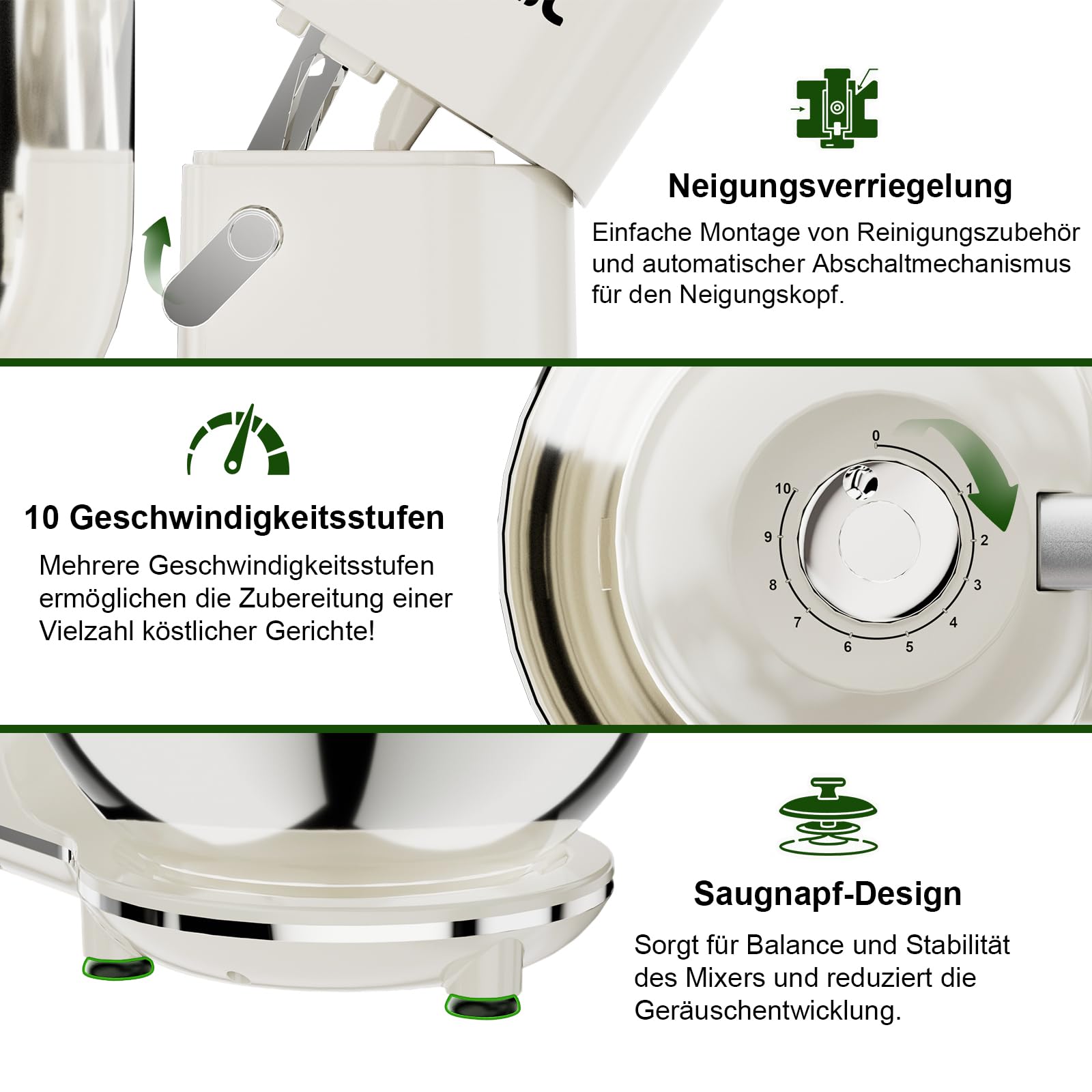 Camic Küchenmaschine - 2000W - 10 Geschwindigkeitsstufen mit Tragegriff, Edelstahl Rührschüssel (7L), Knetmaschine mit Rührhaken, Knethaken, Schlagbesen und Spritzschutz