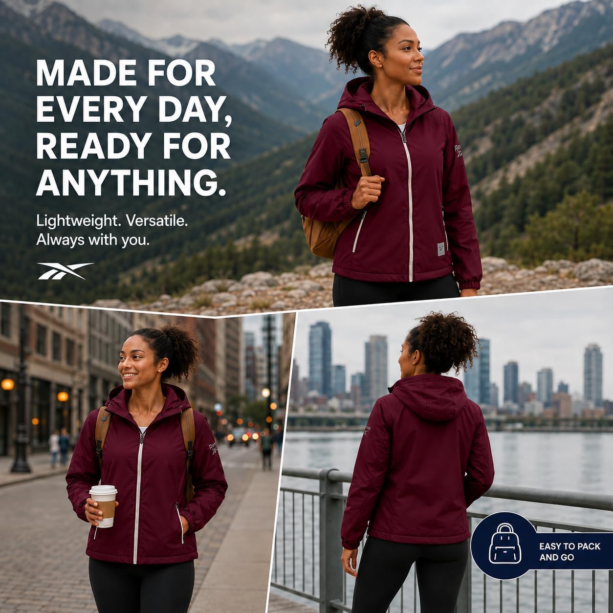 Reebok Womens Rain Coat - Lightweight Wind and Water Resistant Full Zip Rain Jacket for Women with Hood & Pockets