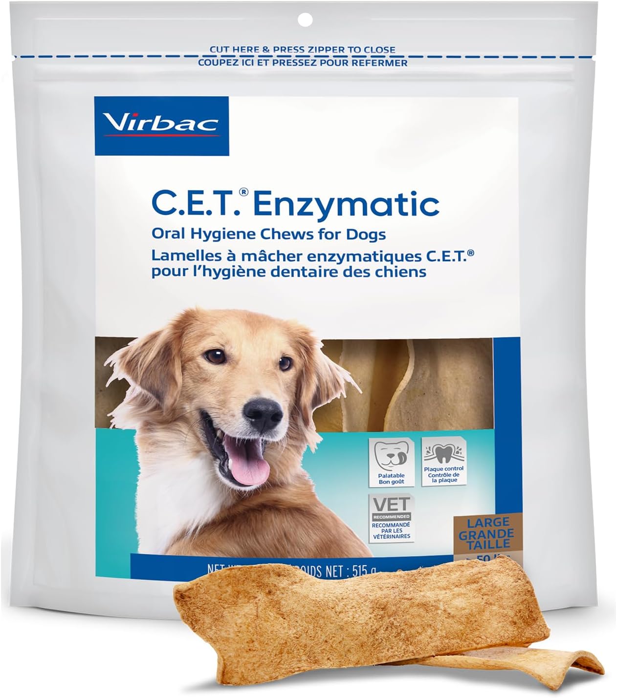 C.E.T.® Enzymatic Oral Hygiene Chews for Dogs, Large - Plaque & Tartar Control - Single Layer Beefhide with Exclusive Dual-Enzyme System & Tasty Chicken Flavor - Easy to Give Dog Dental Chew