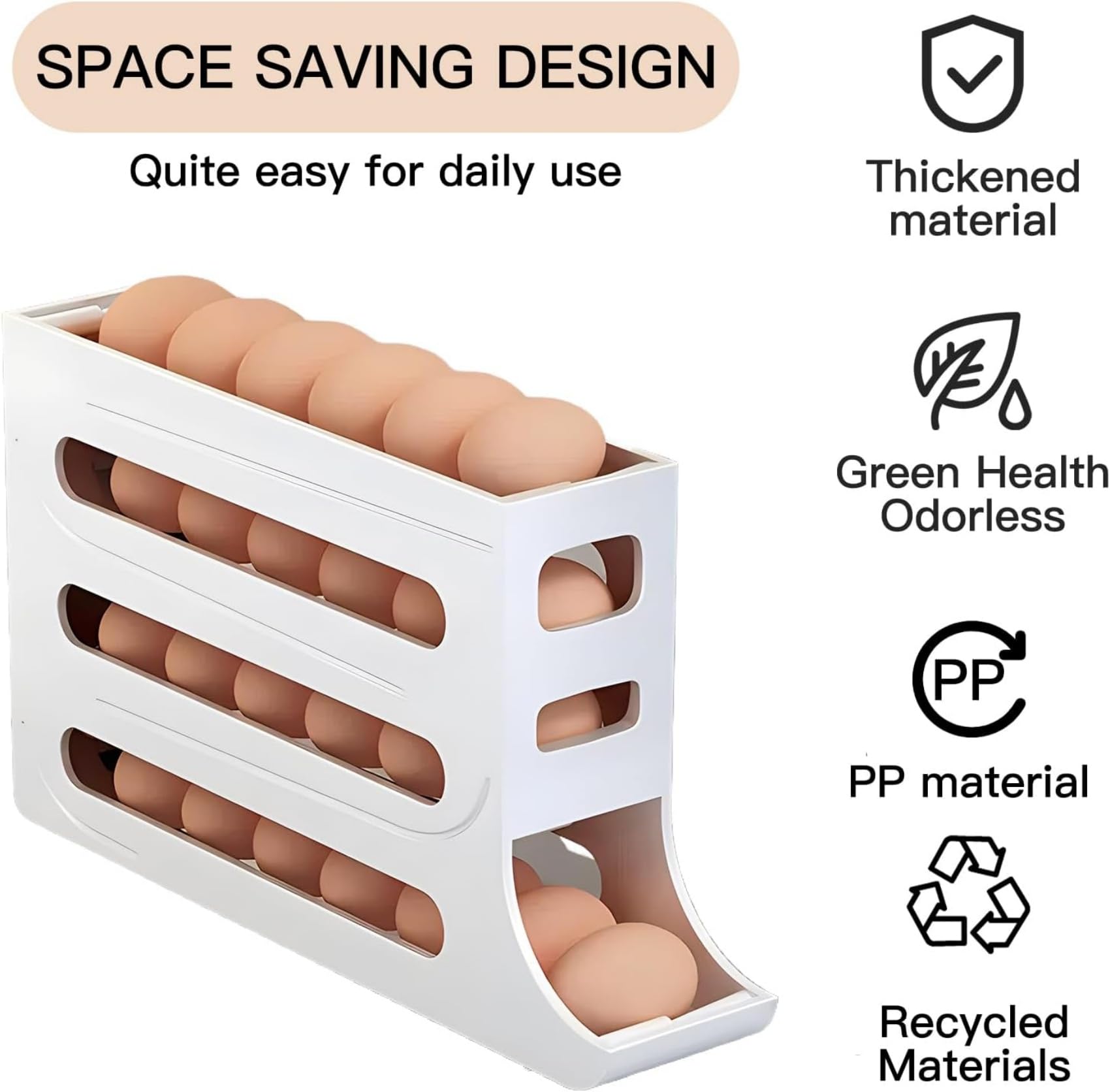 Soporte para 30 huevos para refrigerador, contenedor de huevos de 4 niveles, organizador de huevos con ruedas automáticas para refrigerador, soporte dispensador de huevos que ahorra espacio, estante 3