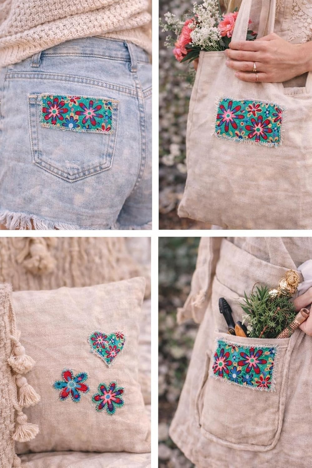 Inside/Outside Decorative Fabric Iron On Patches-Set of 10 (3” x 5”) (Flower Power)