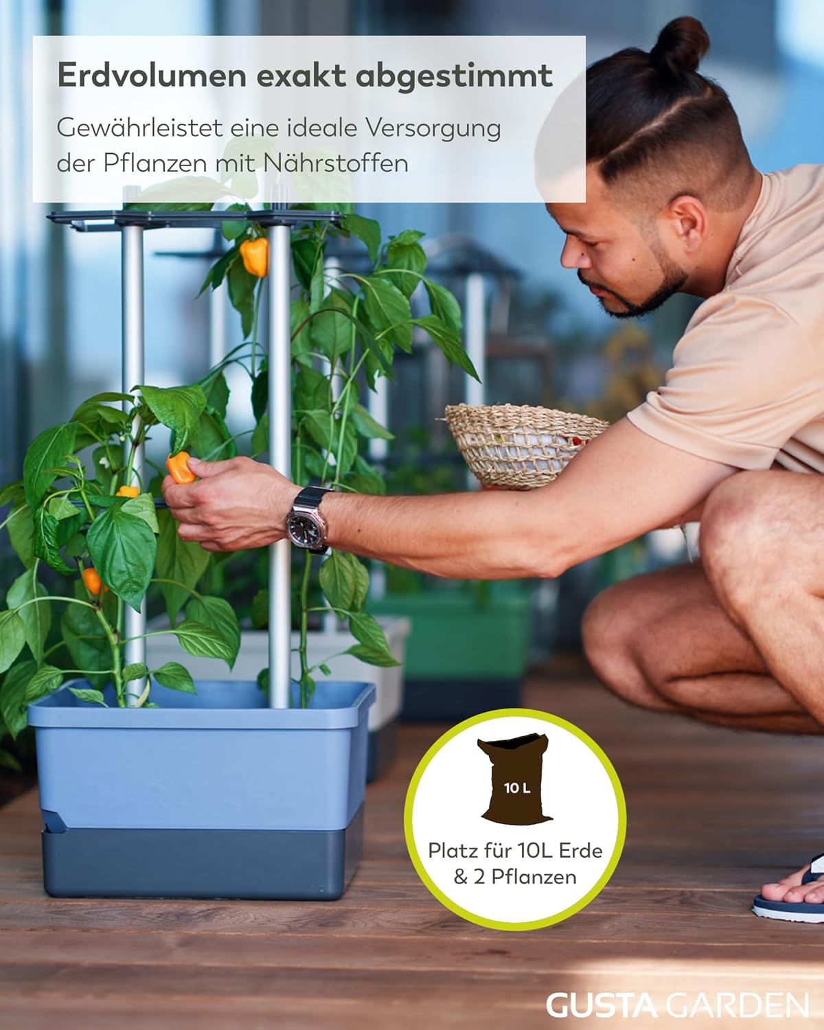 Charly Chili - Chilli Pot - 4.5 L Water Tank with Watering System - Sturdy, Innovative Trellis - 10 L Soil Volume - for Chili, Pepper and Aubergine - Planter Flower Pot Plant Tower (Blue)