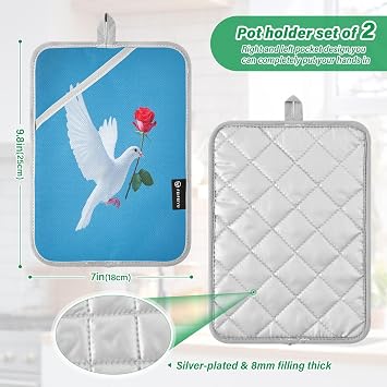 Oven Microwave Potholders Set of 2, White Dove Rose Oven Gloves for Kitchen Cooking Baking Heat Resistant Thick Safe Hands Oven Mitt