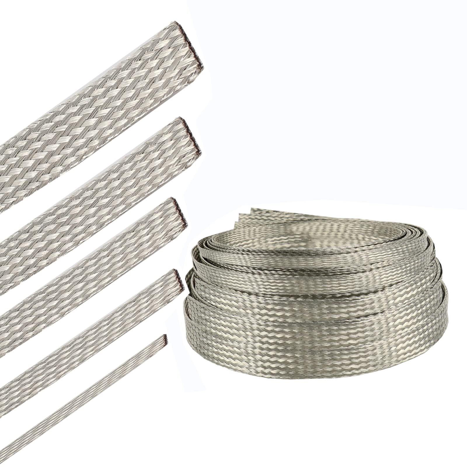 Wire Shielding Tinned Copper Flat Braid Cable Sleeving Ground Straps Flexible EMI RFI Mesh (1/4 in Wide(0.16 in Dia)-28ft)