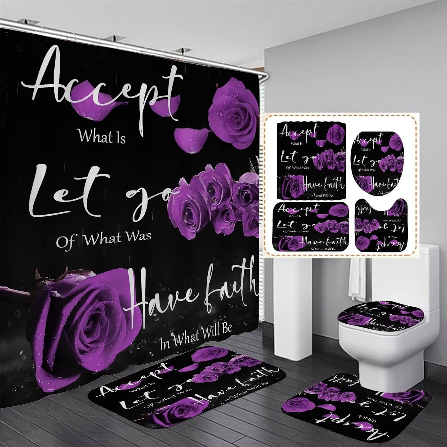 4 Pcs Purple Rose Shower Curtain Sets Non-Slip Rugs Bath Mat Toilet Cover U Shaped Mat Flower Shower Curtain with 12 Hooks Valentine's Day Bathroom Set