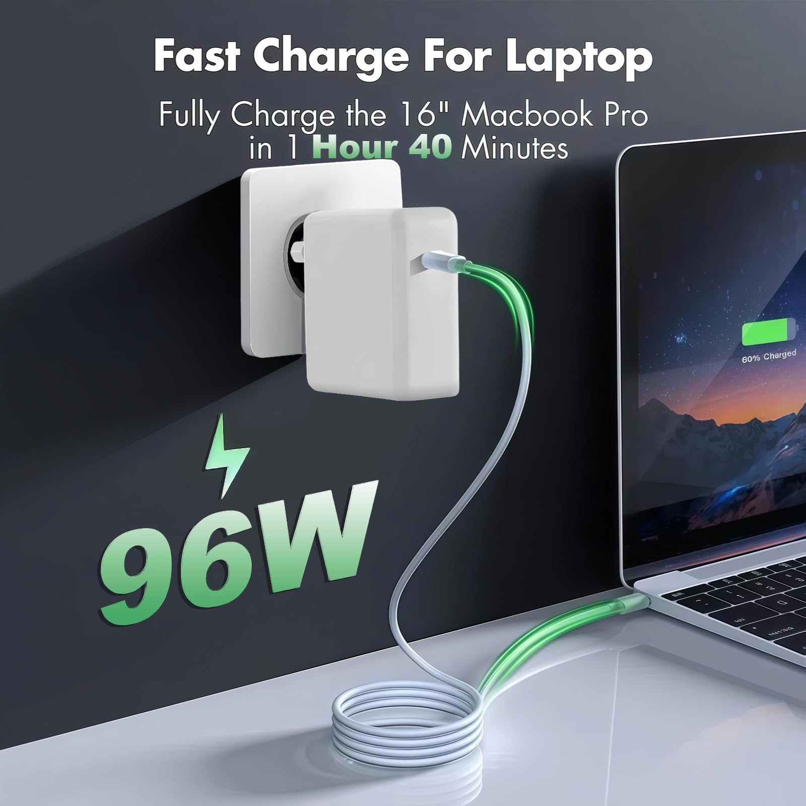 AILKIN Caricatore USB C 96W per MacBook Pro 16, 15, 14, 13" 2024, 2023, 2022, 2021, M3 M2 M1 MacBook Air, adattatore di alimentazione USB-C per computer portatile, con cavo 6.6ft 5A