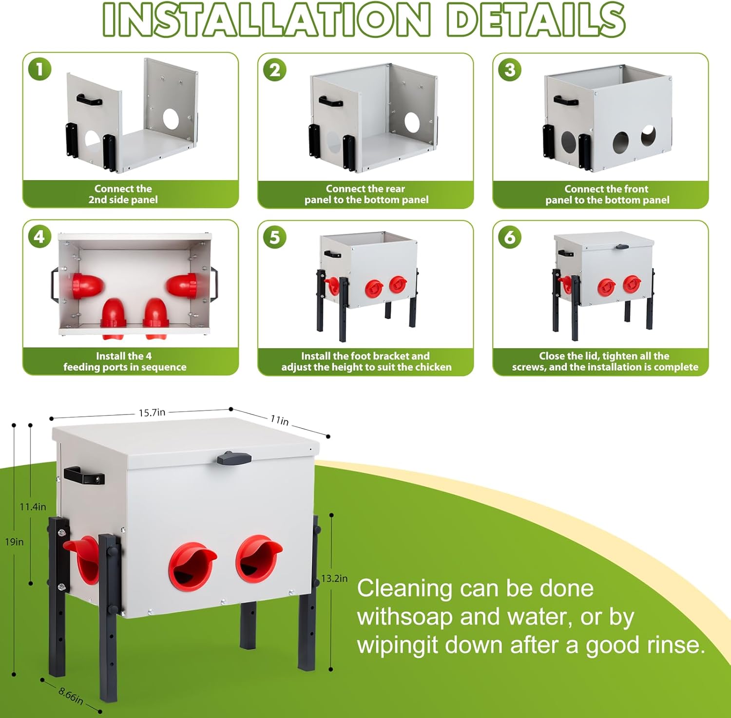 Metal Chicken Feeder with 4 Ports, 30 lbs Metal Poultry Feeder, Height Adjustable Weatherproof Feeding Box for Chickens, Geese, Ducks, Turkeys, Quails (30lbs-4 Ports)