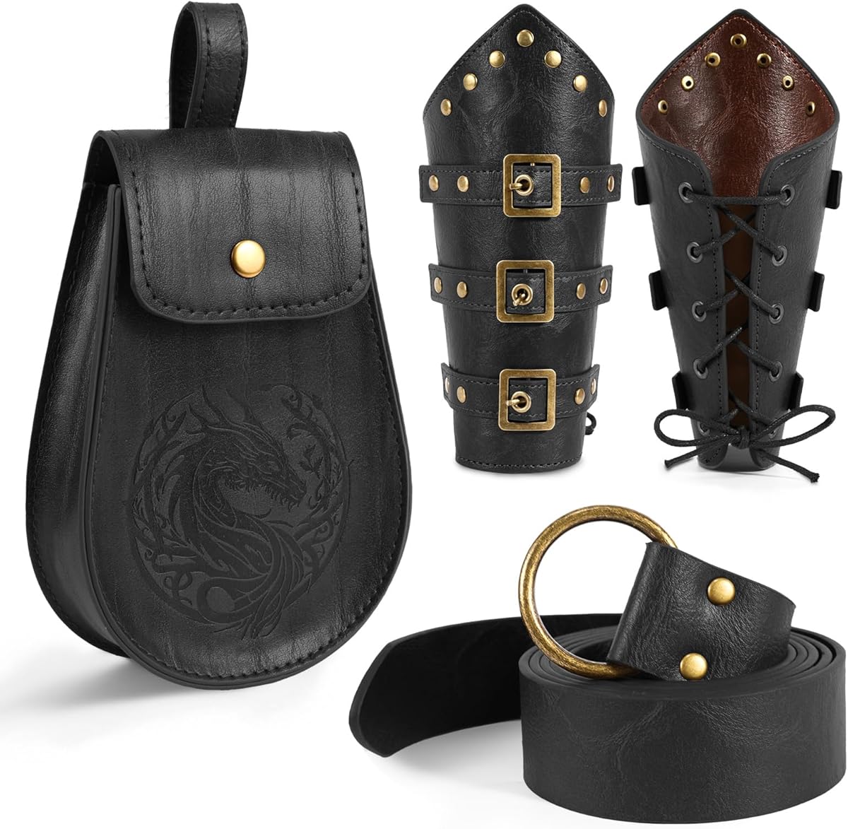 4PCS Viking Costume Men Set Renaissance Medieval Costume Leather Viking Accessories Belt Bracers Waist Bag Pouch Fancy Dress for Halloween Medieval Ren Faire Party Cosplay