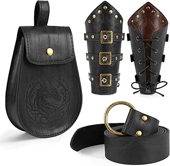 4PCS Viking Costume Men Set Renaissance Medieval Costume Leather Viking Accessories Belt Bracers Waist Bag Pouch Fancy Dress for Halloween Medieval Ren Faire Party Cosplay