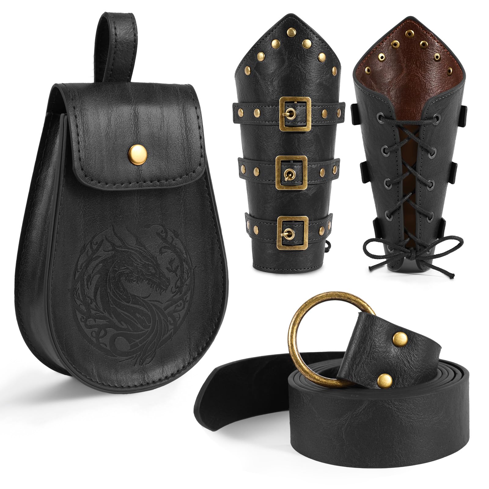 4PCS Renaissance Accessories, Viking Belt Medieval Leather Bracers Pouch Costume Ren Fair Men Women Cosplay