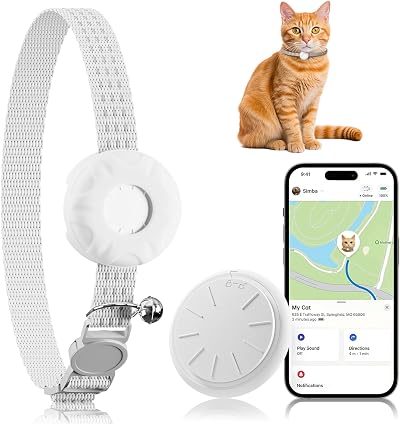 Cat Tracker, GPS Trackers for Cats with Breakaway Cat Collar, GPS Tracker Compatible with Find My App(iOS Only), No Monthly Fee, Waterproof, White