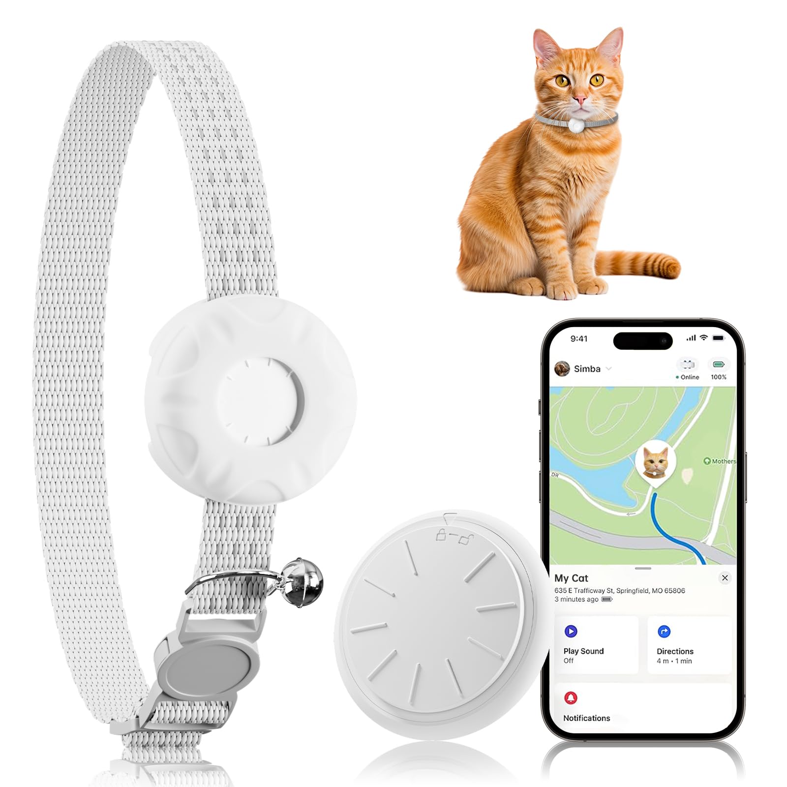 Cat Tracker, GPS Tracker Compatible with Apple Find My App(Only iOS), Waterproof Cat Tracker Collar with Bell and Safety Elastic Buckle, No Subscription, Territory & Location History (White)