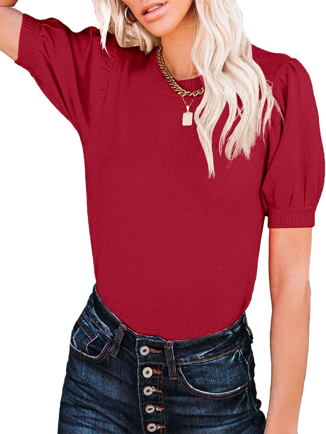 Womens Puff Short Sleeve Sweater Tops Crewneck Basic Knit Pullover Lightweight Solid Casual Sweaters Blouse - Image 4