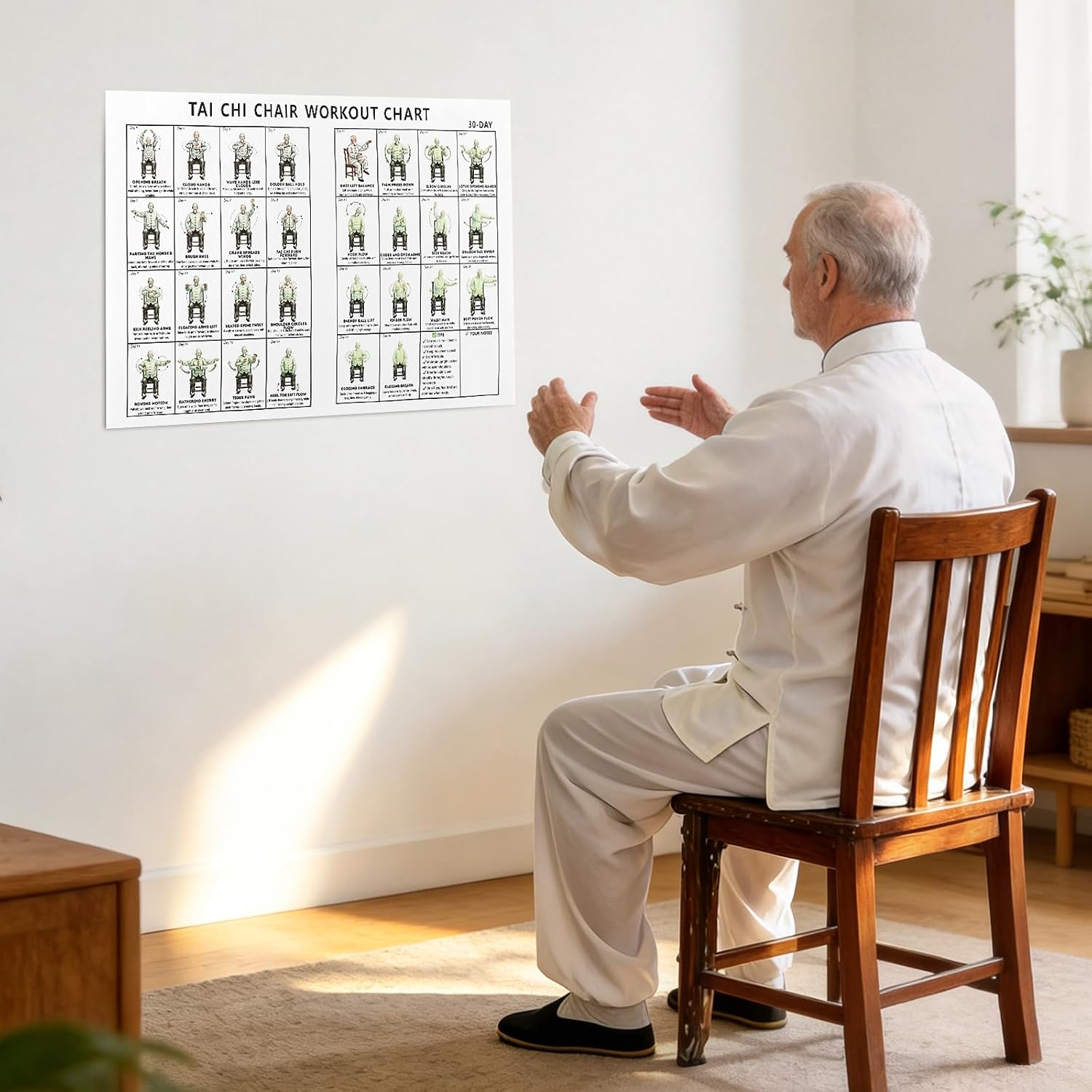 ZYROVEXION Tai Chi Chair Workout Chart,30 Days Chair Tai Chi Wall Chart for Seniors Beginners, 12x18 Inch Home Gym Living Room Bedroom Decor with 10 Pcs Removable Adhesive Dots