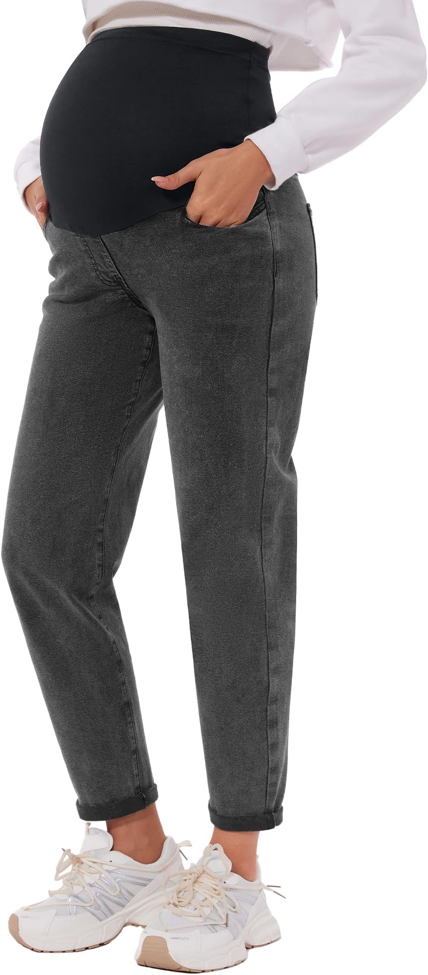 POSHGLAM Women's Maternity Boyfriend Jeans Over Belly Stretch Comfy Loose Casual Denim Pants with Pockets for Everyday Wear