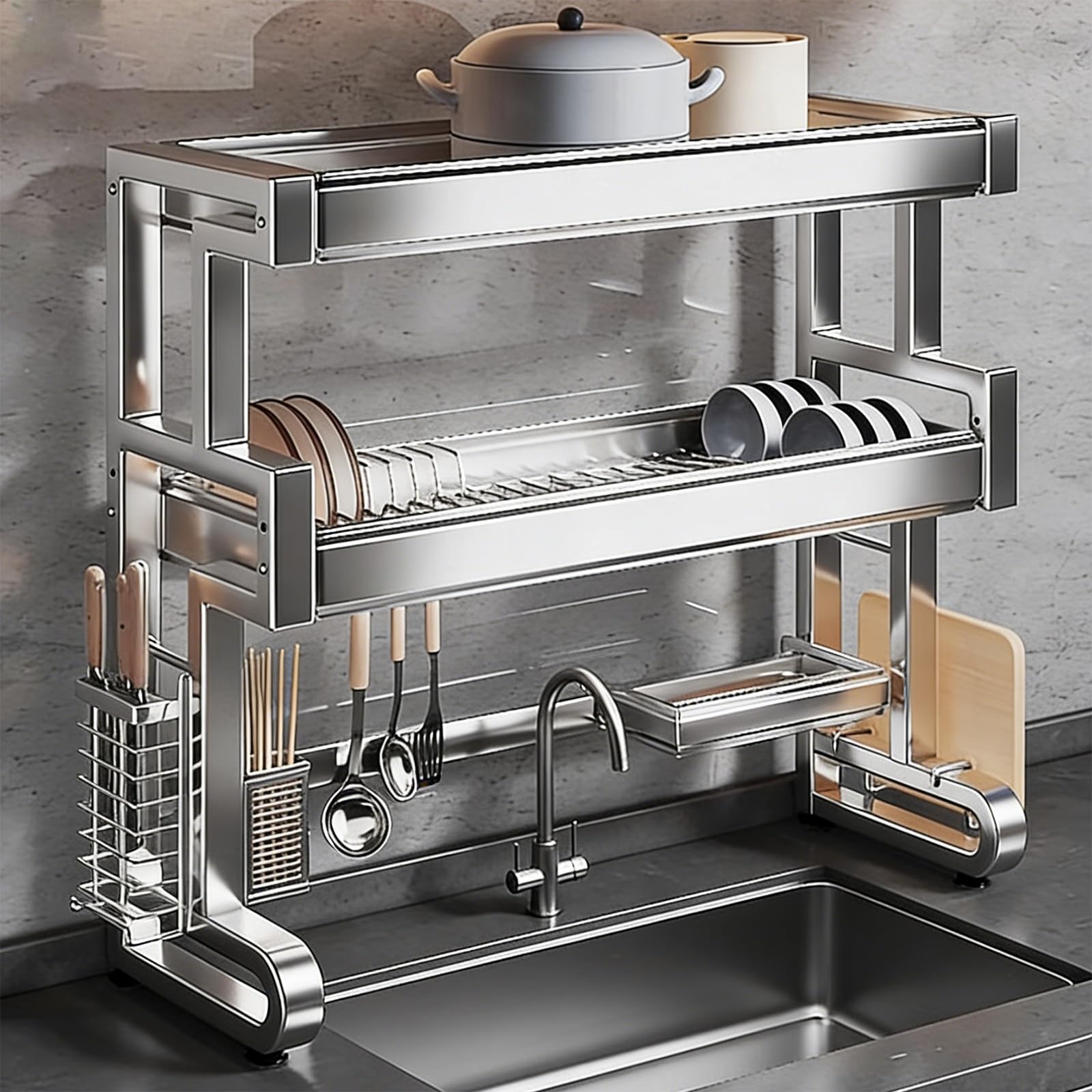 Scolapiatti sopra il lavello, 3 ripiani espandibile in acciaio inox con porta utensili per cucina