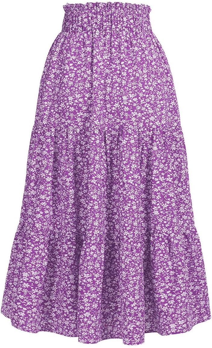 MSLG Women's High Elastic Waist Midi Skirt Casual Summer Trendy Tie Front Flowy Ruffle Floral Print A line Skirts 626 - Image 3