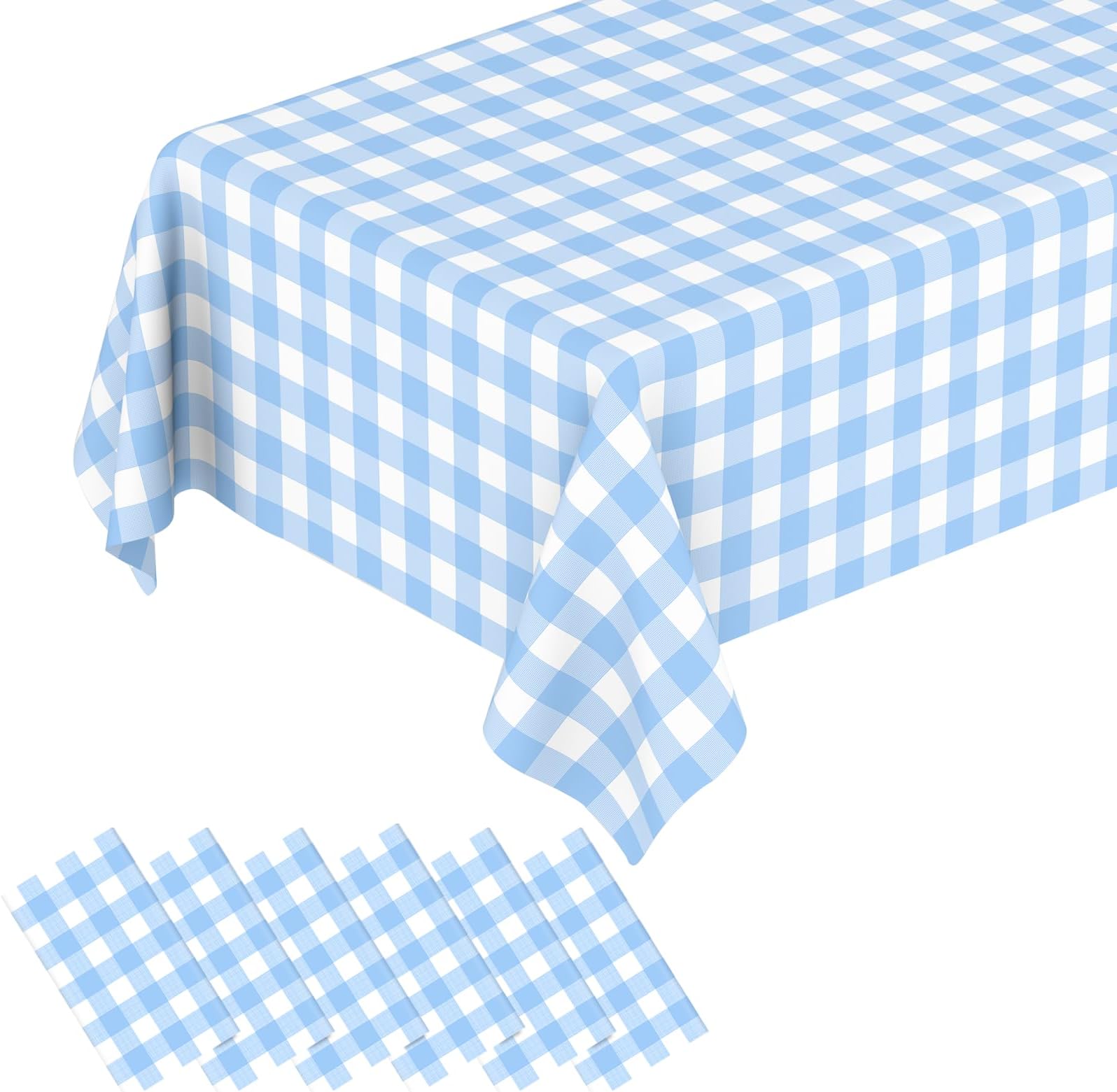 QISOLIY 6 Pack Blue and White Checkered Tablecloth, Light Blue Plastic Table Cloths for Parties Disposable, Rectangular Pale Blue Gingham Camping Tablecloth for Birthday, Party, Picnic 54 x 108 inch