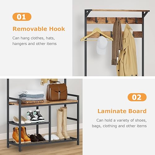 Miniatura 4 de HOMEKOKO Perchero para zapatos, banco de almacenamiento de entrada de árbol de pasillo, muebles decorativos con aspecto de madera con marco de
