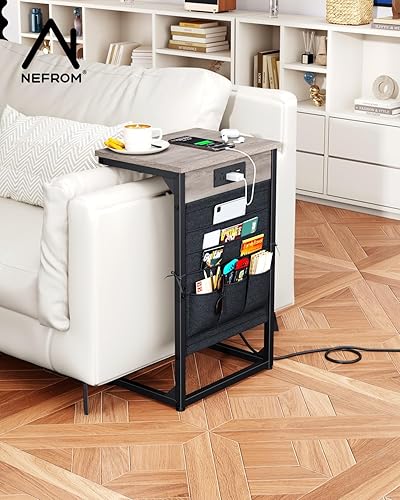 Miniatura 2 de Mesa auxiliar en forma de C con estación de carga rápida, mesa auxiliar de sofá pequeña con bolsa de almacenamiento, mesa de bandeja de sofá para