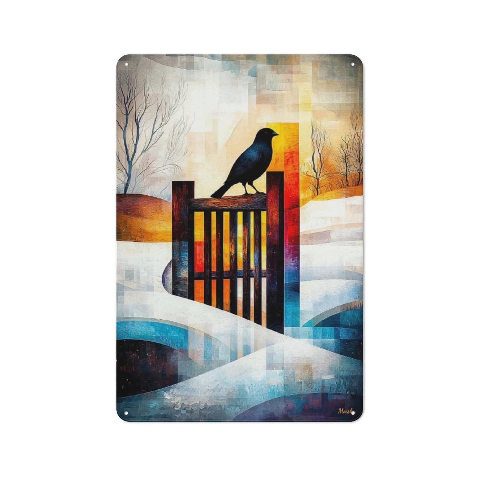 Junmoney The Magpie - Monet Inspired - Geometric Winte R Scene - Abstract Impressionist Landscape Tin Sign 30X20cm For Workshop Wall, Retro Wall Decor, Suited To Metal Sign Collectors