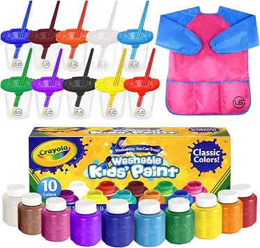 The Mega Deals Kids Painting Set - Washable Non-Toxic Finger Paints 10 Colors of 2 oz with 10 Paint Cups, 10 Brushes, Kids Smock Mess-Free Toddler Art Supplies Painting Kit for Kids Gift Bundle