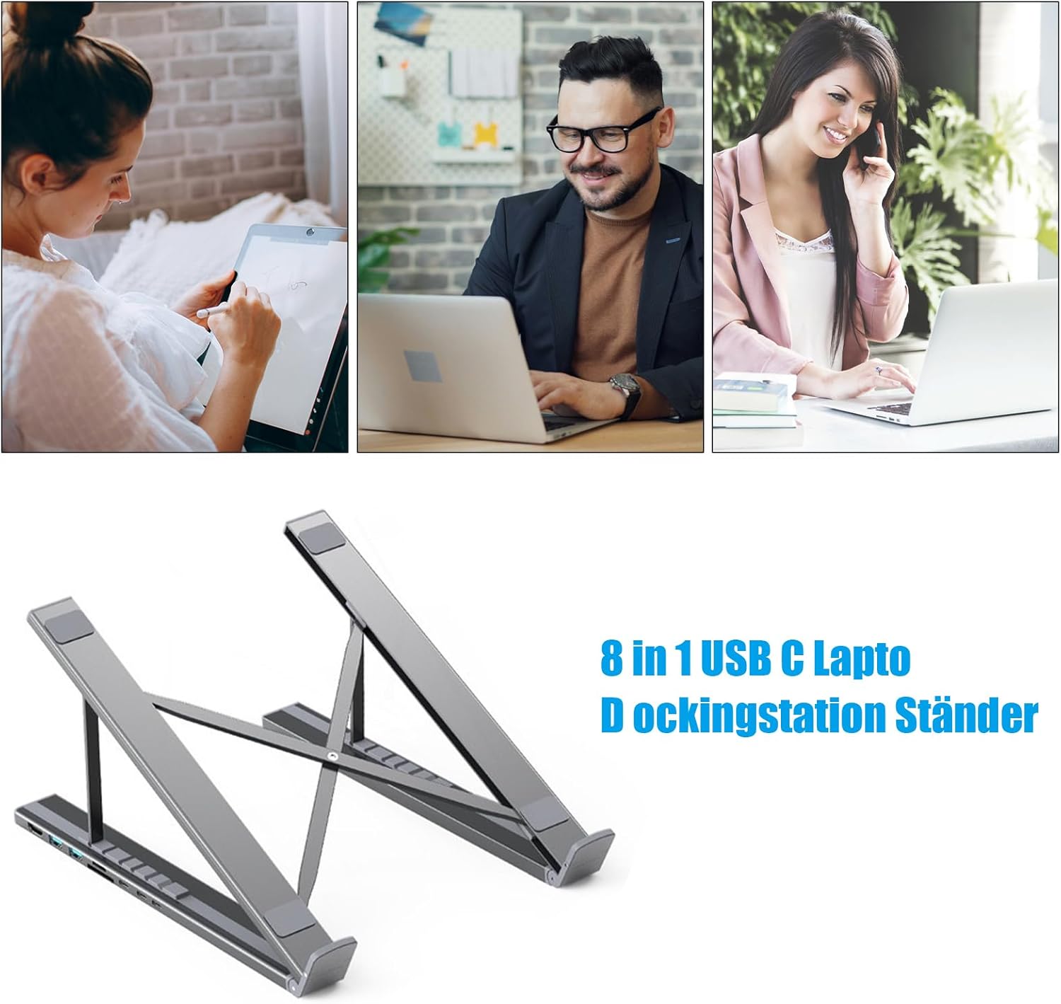 Ergonomic Notebook Dock – Laptop Stand Workstation | Multiport usb c Adapter 8 in 1 Hub with Fast Charge, Adjustable Height Tablet Holder, Desktop Organizer for Remote Office, Home Study, gameng Setup