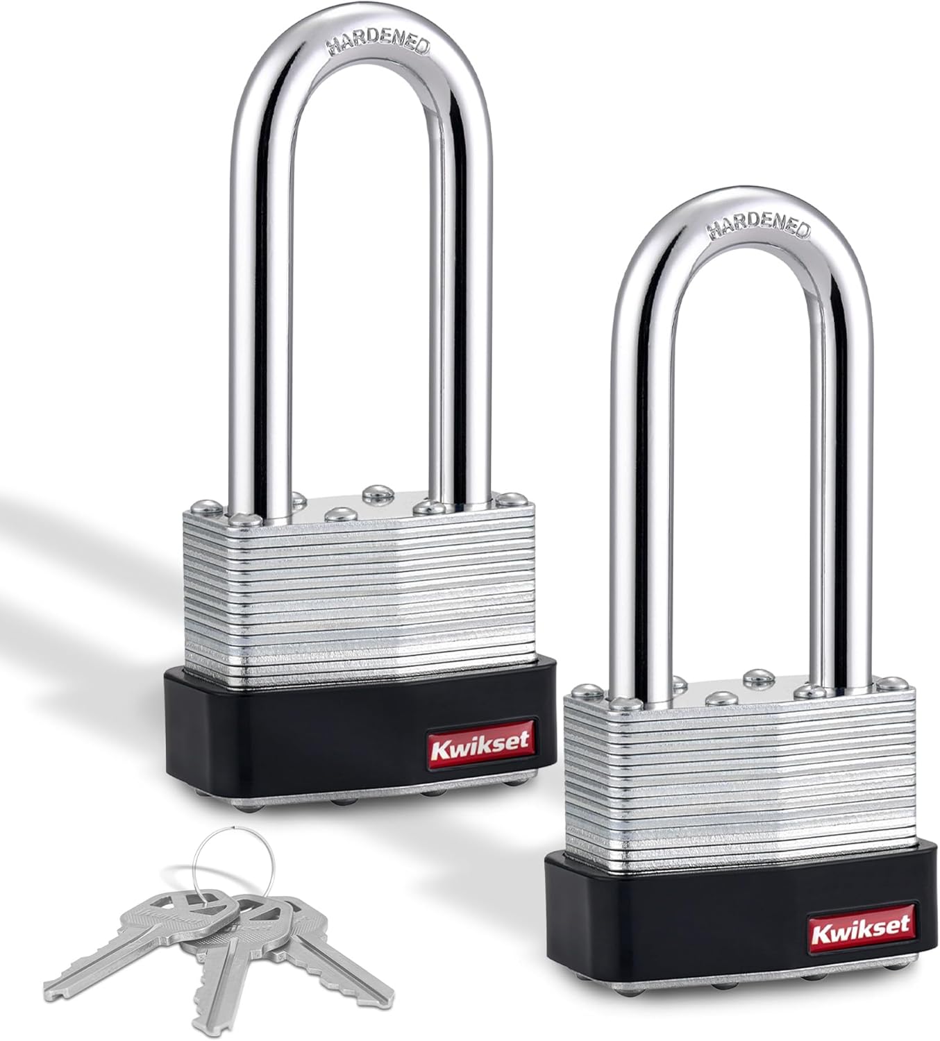 Kwikset Laminated Steel Padlock with Hardened Steel Shackle, Outdoor Gate and Fence Lock, 2 in Body, 2-1/2 in Shackle, 2 Pack Keyed Alike, Silver