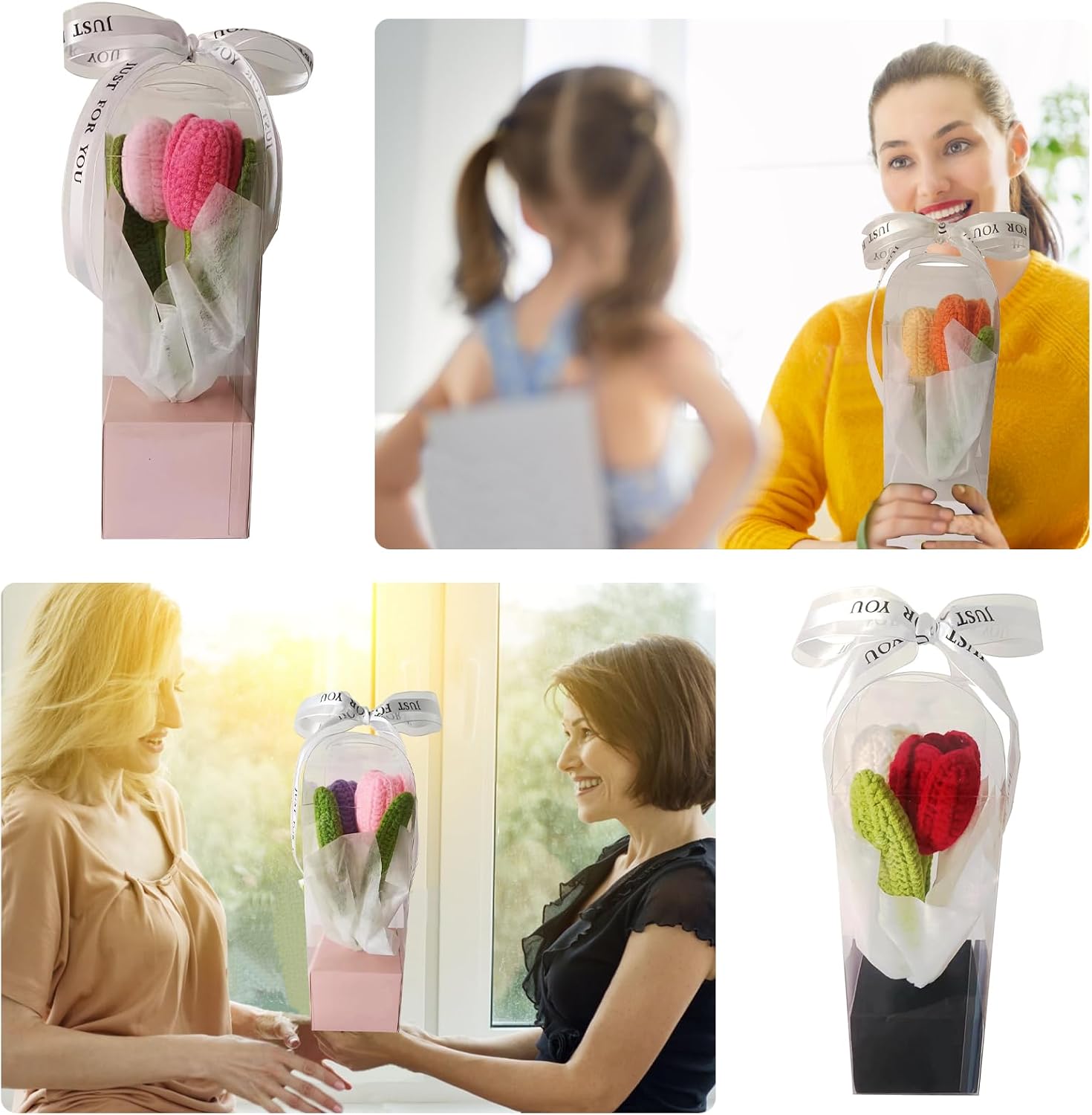 2 Pcs(Handmade Finished Tulips) Knitting Crochet Flower Tulips, Romantic Gift with Gift Box and Gift Card for Your Lovers or Families (Two Pink)