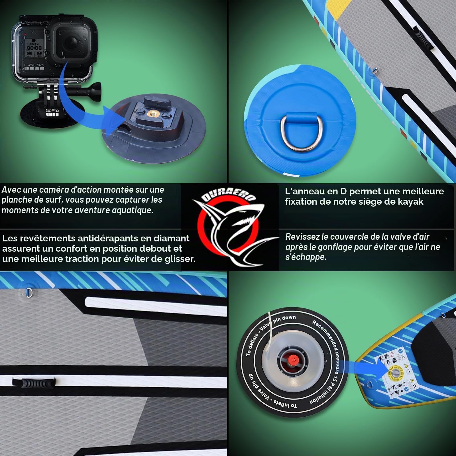 Planche de Stand Up Paddle Gonflable 330 x 76 x 15 cm, jusqu'à 150 kg, Support GoPro, Accessoires