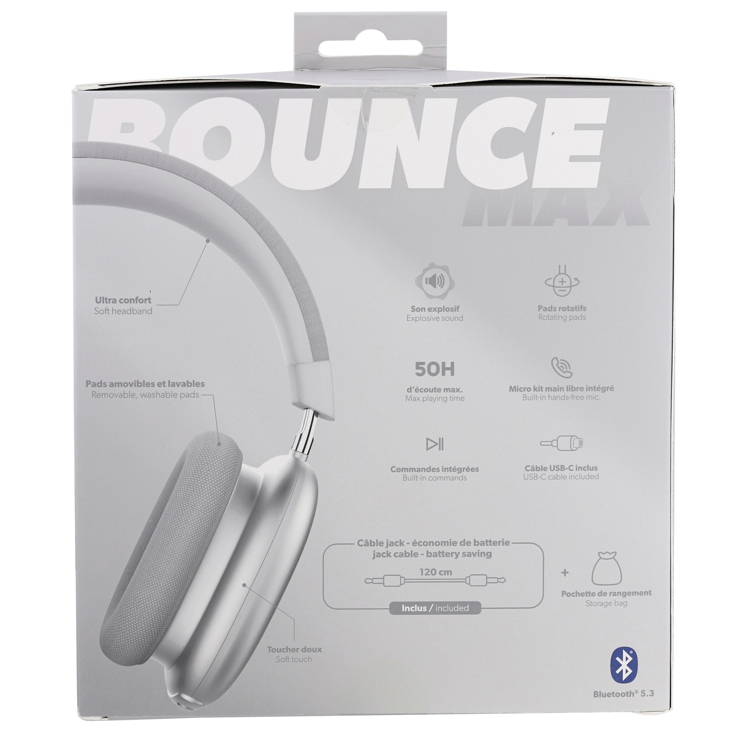 T'nB Bounce Max - Casque sans Fil Circum-aural Nouvelle Version, Confortable et Englobant, avec Connexion Bluetooth, Son Stéréo avec Micro Intégré, Autonomie Jusqu’à 50 Heures – Silver