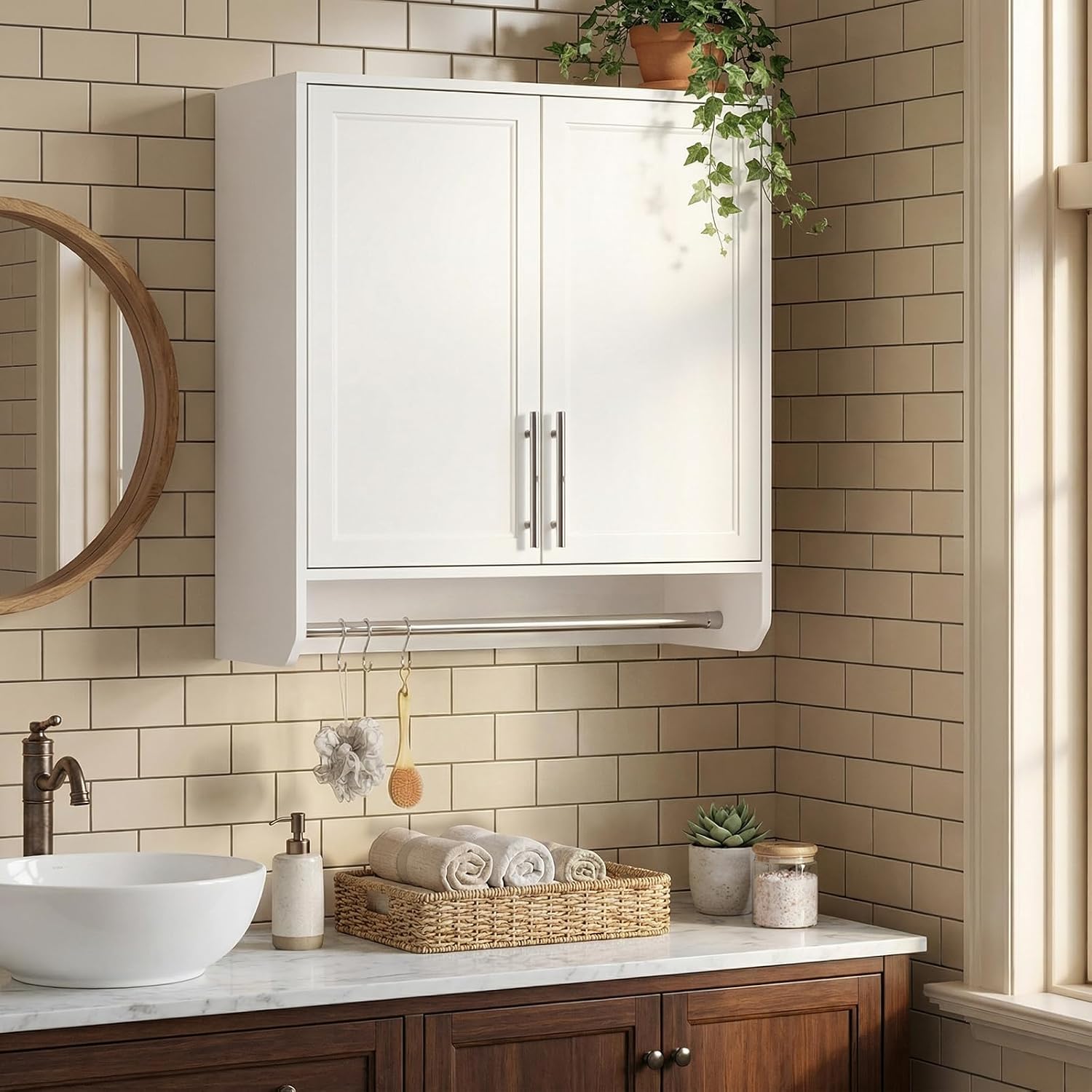 Furnaza Large Laundry Room Wall Cabinets - Upper Bathroom Wall Amount Cabinet,Storage with Hanging Rod,Adjustable Shelves, Shaker Door Style for Bathroom Kitchen Laundry Room,White