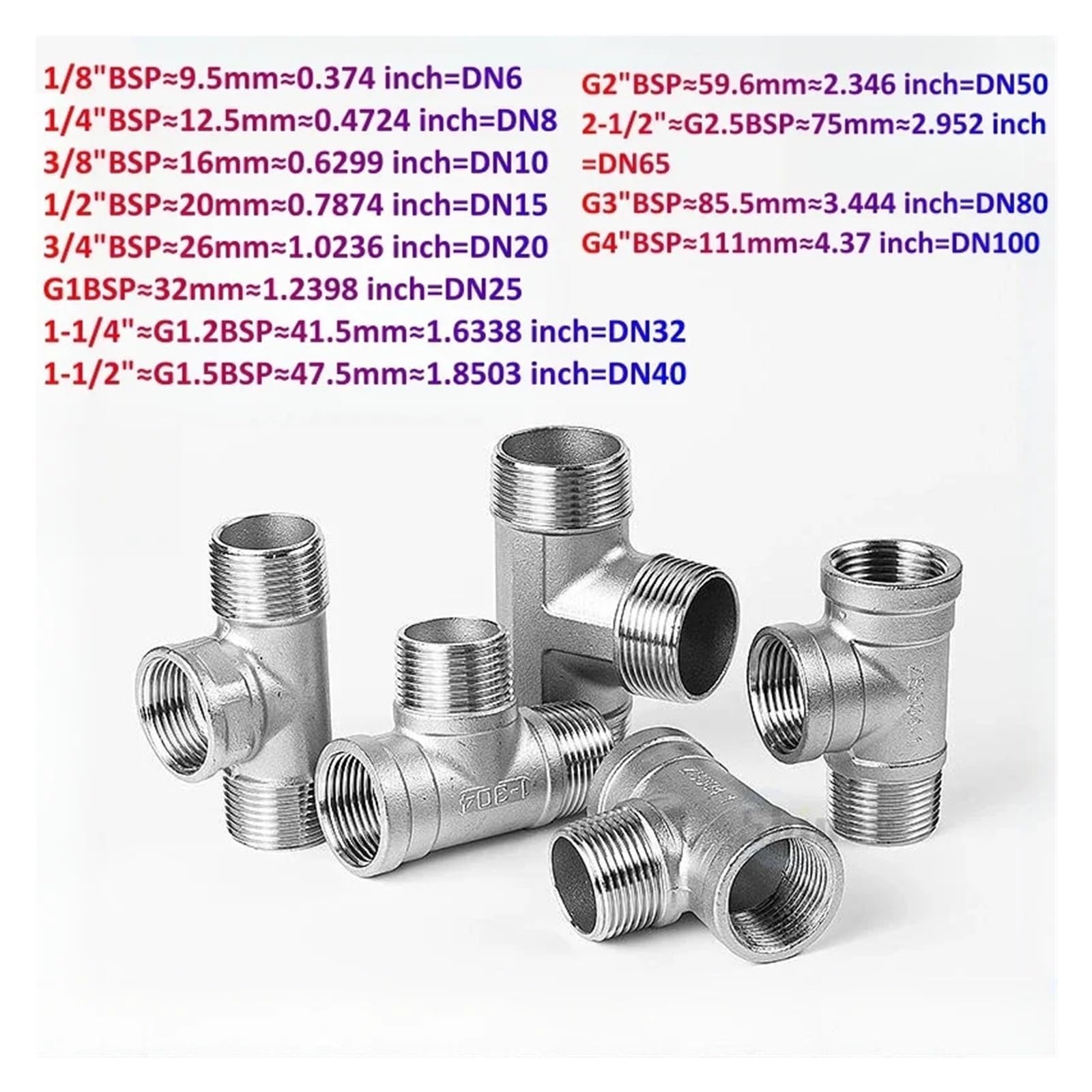Conector de tubería en T de 3 vías con rosca macho, hembra y macho, 1/4 ", 3/8", 1/2 ", 3/4", 1 ", 1-1/2, rosca multifunción de acero inoxidable SS304(Male-Male-Male,G2.5 BSP DN65 G2-1l2)